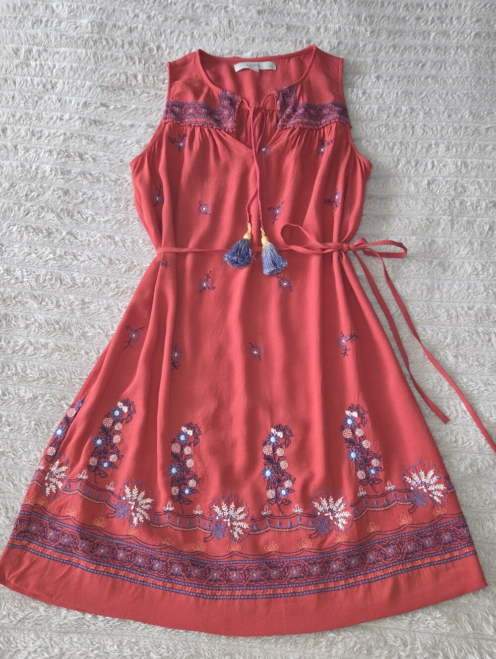 LOFT Rust Red Embroidered Sleeveless Mini Dress with Tassel Tie, XSP